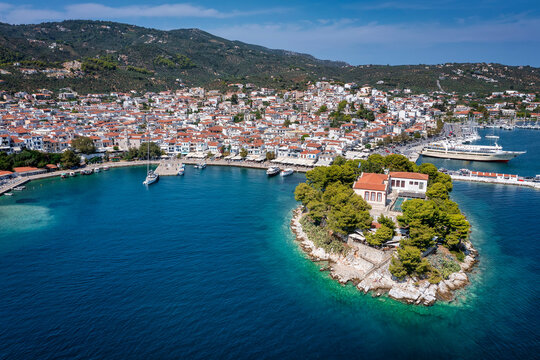 Aerial view of Skiathos town with old port, Bourtzi island and the new marina, Sporades, Greece