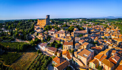 The aerial view of Châteauneuf-du-Pape, a commune in the Vaucluse department in the...