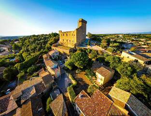 The aerial view of Châteauneuf-du-Pape, a commune in the Vaucluse department in the...