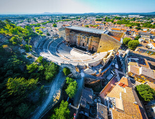The aerial view of Orange, an old Roman city in the Vaucluse department in the Provence-Alpes-Côte...