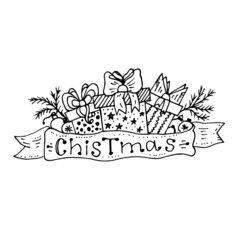 doodles gifts and branches and a ribbon with the inscription Christmas
