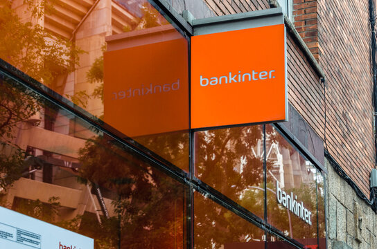MADRID, SPAIN - SEPTEMBER 13, 2021: Bankinter logo on a bank branch office in Madrid, Spain. Bankinter is a Spanish bank founded in 1965.