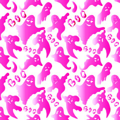 Hand drawn halloween seamless pattern. Pink ghosts  on a transporent background. Vector illustration.