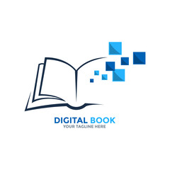 Digital book logo. On-line educational blue book logo. Open book with pages and pixels.