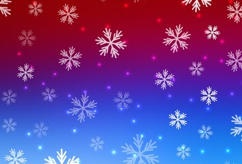 Light Blue, Red vector background with xmas snowflakes, stars.