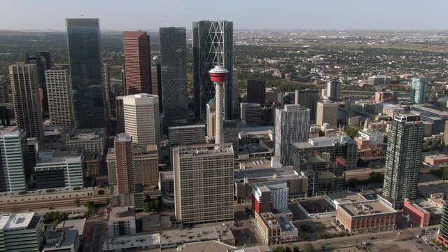 Aerial view of Calgary Tower and high rise buildings in downtown Calgary during summer, Alberta, Canada.