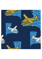 Obraz na płótnie Canvas Editable Aerial Three-Quarter Oblique Front View Pontoon Floating Plane on a Wavy Lake Vector Illustration as Seamless Pattern for Creating Background of Transportation or Recreation Related Design