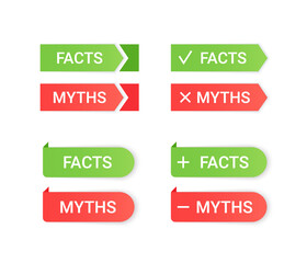 Fact and Myth stickers. Truth or false green red badges. Infographic labels. Vector illustration. Emblems isolated on white background.