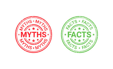 Fact Myth grunge rubber stamps, badges. Truth or false round seal imprints. Vector illustration. Emblems isolated on white background. Infographic labels.