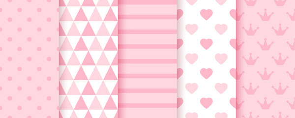 Baby backgrounds. Pink girl seamless pattern. Pastel geometric textures. Vector. Set of kids prints. Cute childish backdrop with polka dot, stripes, triangles and hearts. Modern illustration.