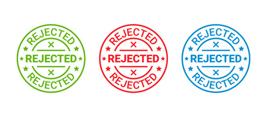 Obraz premium Rejected stamp. Denied permit badge, label. Round sticker reject. Negative decision mark. Red, blue, green seal imprint. Retro circular emblem isolated on white background. Vector illustration.