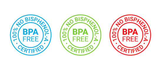 Obraz premium BPA free icon. No bisphenol round stamp badge. Non toxic plastic label emblem. Bisphenol A phthalates free seal imprint for eco package. Vector illustration. Waste marks isolated on white background