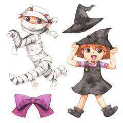 Mummy boy and witch girl cartoon. watercolor illustration, Suitable for use as decorations in designs.