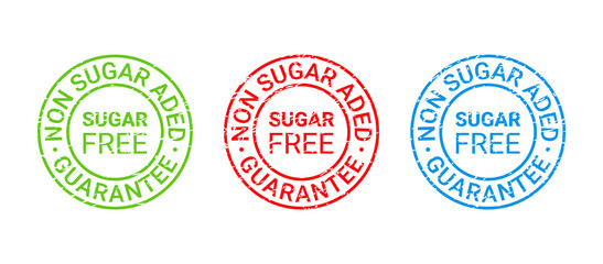 Sugar free grunge stamp, icon. No sugar added label. Diabetic round emblem. Green red blue seal imprints isolated. Sticker for package product on white background. Guarantee badge. Vector illustration
