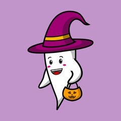 cartoon cute ghost carrying pumpkin on purple background. designs for stickers.