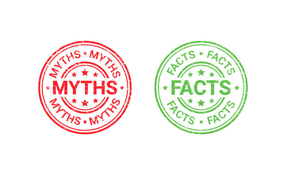 Fact Myth grunge rubber stamps, badges. Truth or false round seal imprints. Vector illustration. Emblems isolated on white background. Infographic labels.