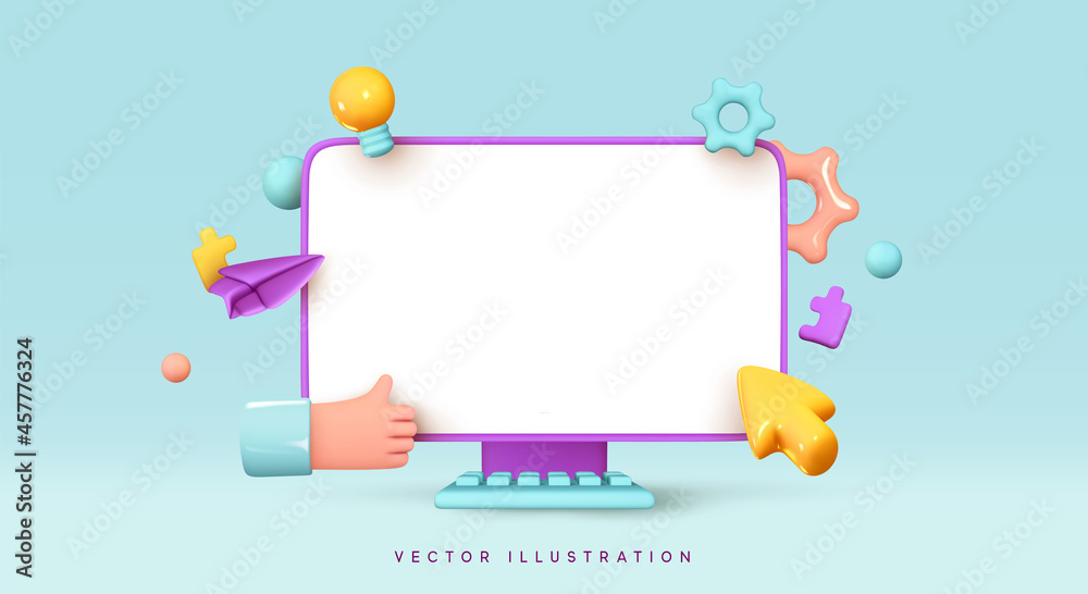 Wall mural desktop computer, blank screen monitor. creative concept idea. realistic 3d design icons, gear and c