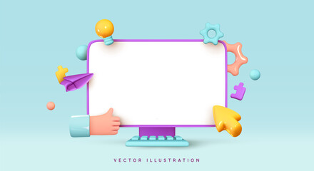 Desktop computer, blank screen monitor. Creative concept idea. Realistic 3d design icons, gear and cursor pointer arrow. Configure, web repair, maintenance and website setting. Vector illustration © lauritta