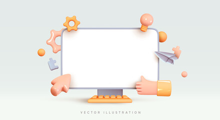 Desktop computer, blank screen monitor. Creative concept idea. Realistic 3d design icons, gear and cursor pointer arrow. Configure, web repair, maintenance and website setting. Vector illustration © lauritta
