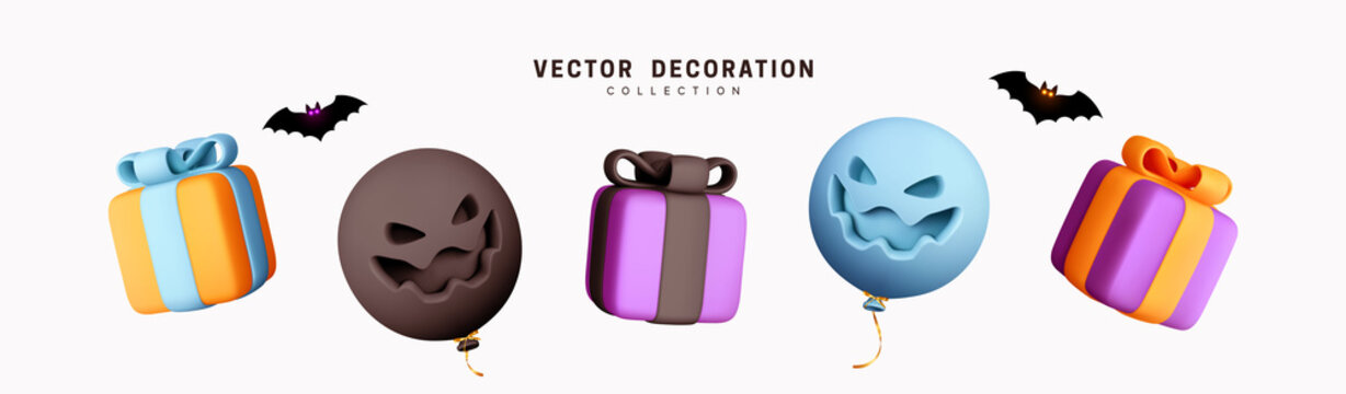 Set of decorative elements for Halloween. Emotional Smile Balloons with scary, evil on their faces. Realistic 3d design gift box. Traditional element of decor for holiday. Vector illustration