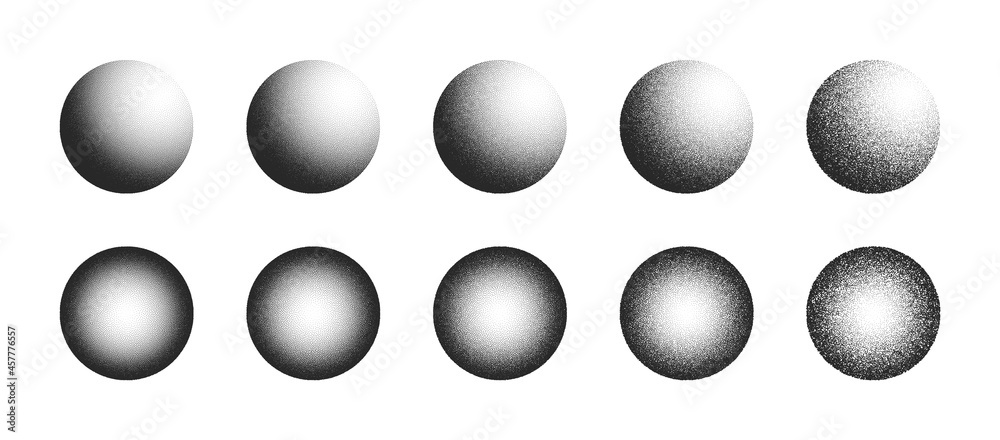 Wall mural dotwork hand drawn stippled 3d spheres vector abstract shapes set in different variations isolated o