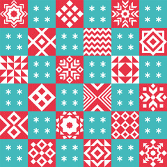 Winter abstract background with square motifs of snowflakes and geometric patterns in the Scandinavian style. Seamless pattern, ornament for textile, packaging, wrapping paper, patchwork