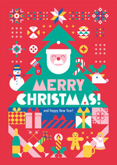 Christmas background with geometric composition of holiday,s simbols santa, deer, christmas tree, gingerbread man, angel, gifts, snowman. Modern creative concept. Banner, poster, cover, party