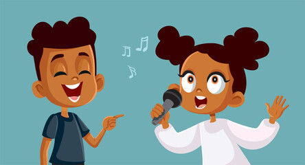 Young Boy Making Fun of Little Girl Singing Vector Cartoon