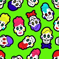 Seamless pattern with colorful funny skulls. Pattern with sugar skulls.