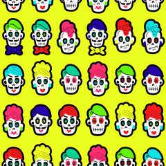 Seamless pattern with colorful funny skulls. Pattern with sugar skulls.