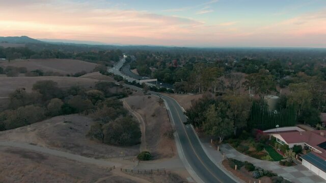Aerial: Freeway traffic on Interstate 280. Los Altos, Silicon Valley, California, USA