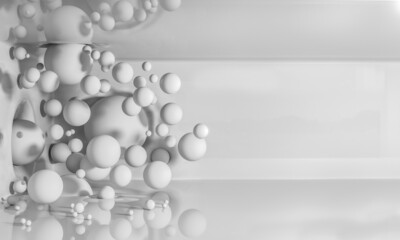 White matte balloons fly in the air like a virus on a white glossy background and crash into the wall and ceiling. 3D background. Render