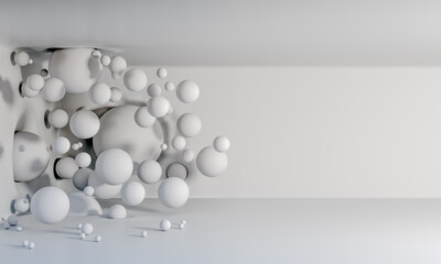 Matte white balloons fly in the air like a virus against a matte white background and crash into walls and ceilings. 3D background. Render