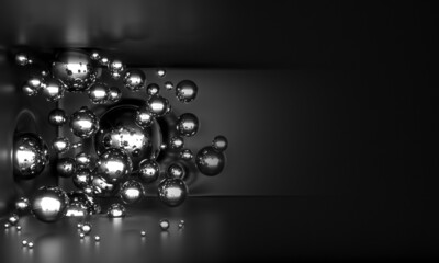 Glossy metal balls fly in the air like a virus on a black background and crash into the wall and ceiling. 3D background. Render