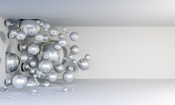 Glossy metal balls fly in the air like a virus on a white background and crash into the wall and ceiling. 3D background. Render