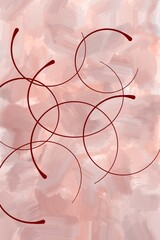 chaotic circle shapes abstract red lines on messy gouache watercolor pink paint brush background