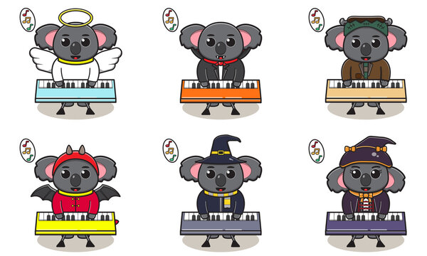 Vector illustration of cute Koala with halloween costume playing Music Keyboard. Good for label, sticker, clipart.