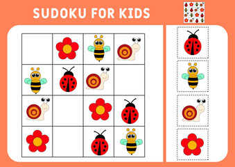 Sudoku for kids. Education development worksheet. Activity page with pictures. A puzzle game for children. bee, snail, ladybug. Isolated vector illustrations. Logic training