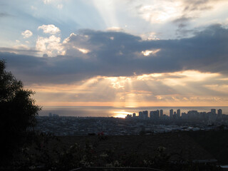 Waikiki skyline and ocean at sunset