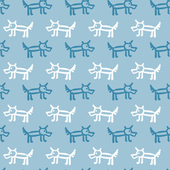 Doodle seamless pattern of funny dogs. Blue, gray and white colors. Textile or paper design