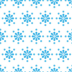 Geometric seamless pattern of blue flowers and stars on white background. Textile or paper design