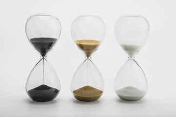Fototapeta na wymiar Various sand clock , Various hourglass as time passing on white background , Life time concept