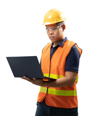Asian engineer or technician wear helmet and vest with notebook