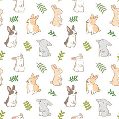 Seamless Pattern with Cute Rabbit and Leaf Illustration Design on White Background