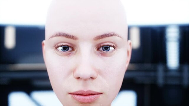 Female robotic droid in sci fi futuristic metall room. Future concept. Realistic 4k animation.