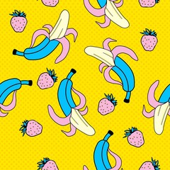 Pop art style pattern with banana and strawberry