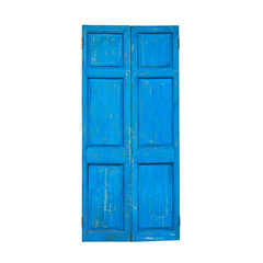 old blue wood door vintage and retro style or ancient double wooden cyan doors with hinge and close on white background isolated with clipping path