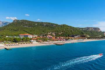 Fototapeta na wymiar Aerial view of beaches and opels on the Mediterranean coast on the Turkish Riviera in the vicinity of Kemer