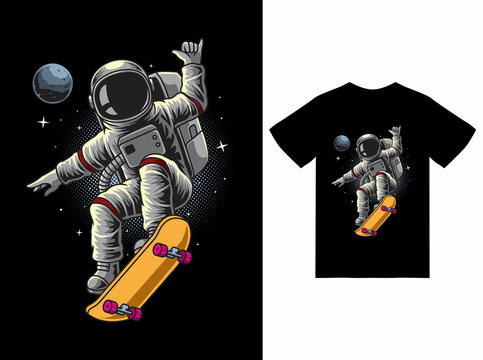 Astronaut Playing Skateboard In Space Illustration With Tshirt Design Premium Vector