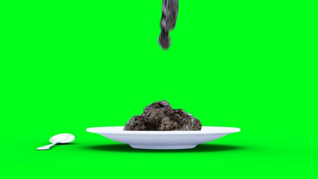 shit falling on plate. Green screen isolate.